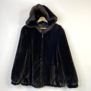 Gallery Brown Faux Mink Fur Hooded Bomber Short Jacket Coat Mob Wife Womens M